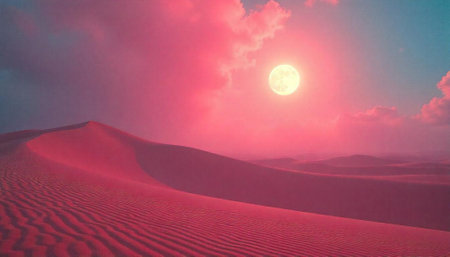 Pink desert landscape with full moon and vibrant cloudsの写真素材