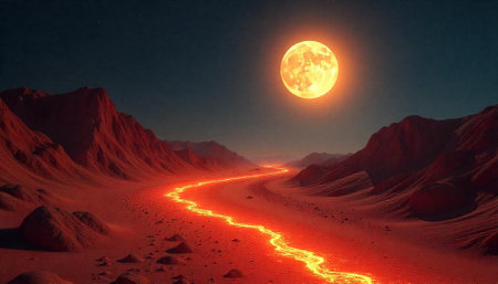 Lava river flowing through a Martian landscape under moonlight