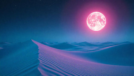 Surreal moonlit desert landscape with vibrant colors and texturesの写真素材