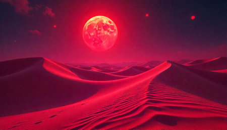 Red moon over surreal desert landscape creates unique vista