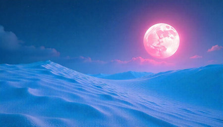 Dreamy pink full moon over snowy landscape at nightの写真素材