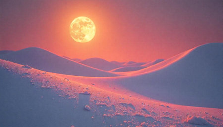 Snow dunes with a glowing full moon at sunsetの写真素材