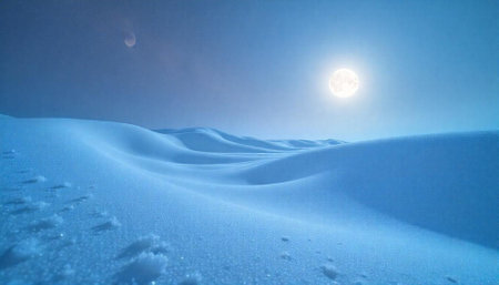 Snowy landscape with moon and footprints in foreground, skyの写真素材