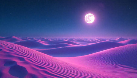 Pink sand dunes under a full moon on a starlit nightの写真素材