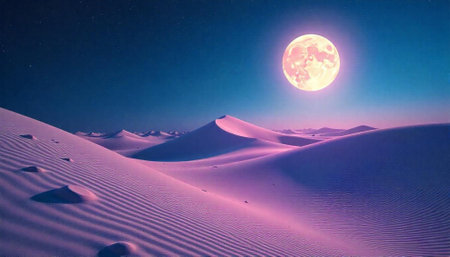 Pink Moon Desert Landscape Dreamscape with Starry Night Skyの写真素材
