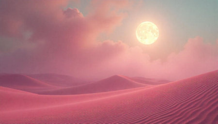 Dreamy pink desert landscape under a luminous full moonの写真素材