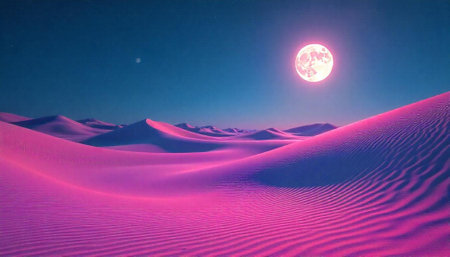 Dreamlike pink dunes under a glowing moonlit sky