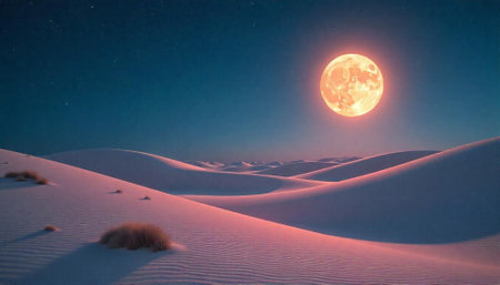 Full moon over white sand dunes landscape at nightの写真素材