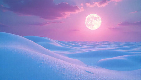 Full moon over snow dunes with pink and purple skyの写真素材