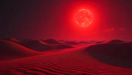 Crimson desert landscape with dunes under a dramatic moonの写真素材