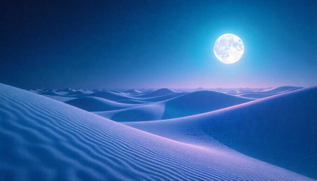 Surreal landscape: moon over sand dunes in blue hueの写真素材