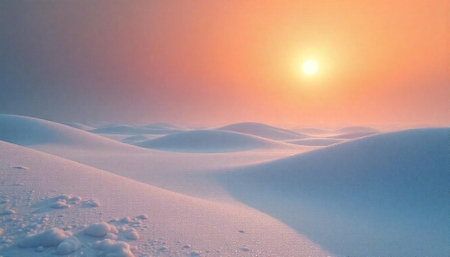 Snowy dunes landscape with sun at sunrise or sunsetの写真素材