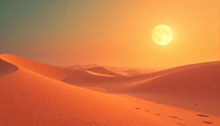Golden desert dunes with footprints and bright moon viewの写真素材