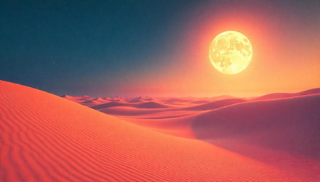 Desert landscape under full moon with orange sunset glowの写真素材