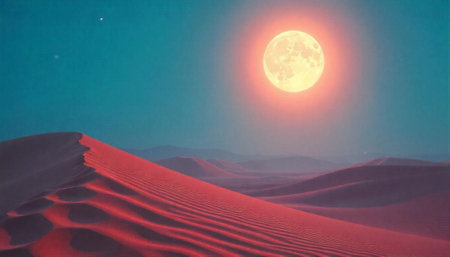 Surreal pink desert under a bright full moon landscapeの写真素材