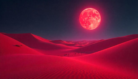 Surreal red desert landscape with glowing moon against dark skyの写真素材