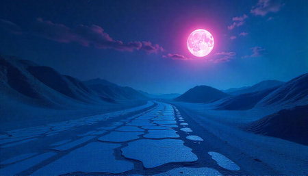 Surreal landscape with cracked road under a pink moonの写真素材