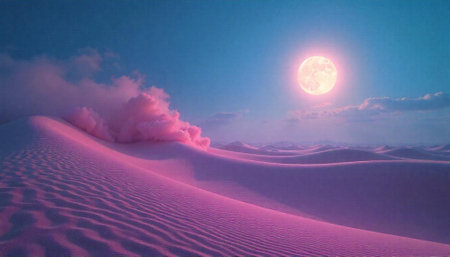 Surreal pink sand dunes under a dreamy full moonの写真素材