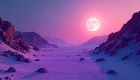 Pink Moon over a Snowy Mountain Valley Landscapeの写真素材