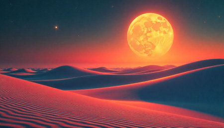 Desert landscape with sand dunes beneath a radiant full moon