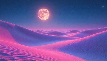 Pink sand dunes with a full moon and night skyの写真素材