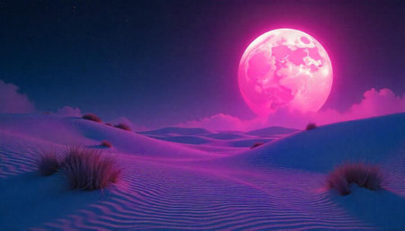 Full pink moon over surreal desert dunes landscape scene