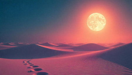Dreamy desert landscape with full moon and footprintsの写真素材
