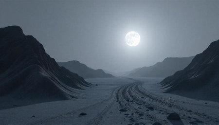 Lunar landscape with tire tracks and a full moonの写真素材