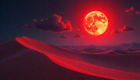 Crimson desert landscape with full moon and cloudsの写真素材