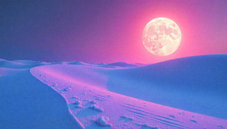 Pink Moon Over White Sand Dunes, Dreamy Landscapeの写真素材