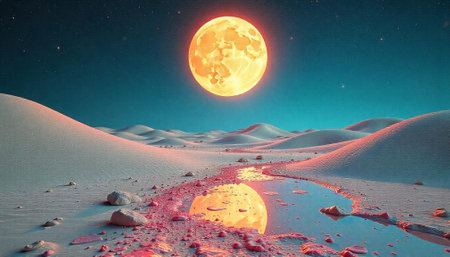 Surreal desert landscape reflecting a large moon on waterの写真素材
