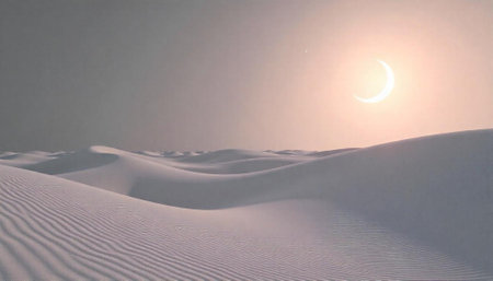 Desert landscape with crescent moon and star at twilightの写真素材