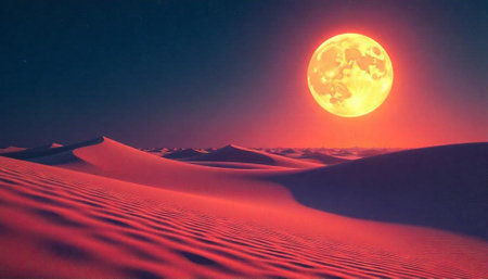 Dramatic desert landscape with full moon and sand dunesの写真素材