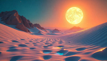 Moonlit desert landscape with snow and sand dunesの写真素材