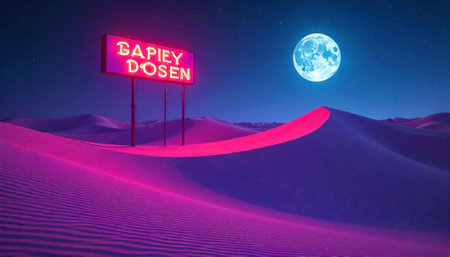 Vibrant desert landscape with glowing moon and signpost artの写真素材