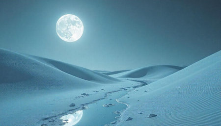 Moonlit desert landscape with a flowing stream of waterの写真素材