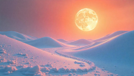Snowy dunes landscape with warm sunset and full moonの写真素材