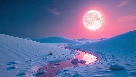 Surreal desert landscape with pink river and full moonの写真素材