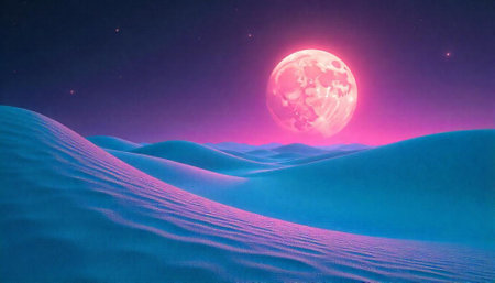 Dreamy moon over surreal landscape of sand dunes