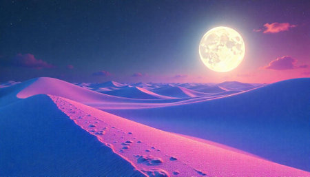 Pink sand dunes under a full moon at nightの写真素材