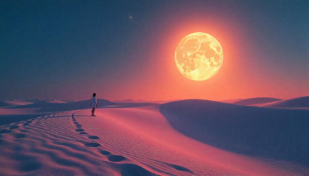 Woman standing on dunes under bright moon at twilightの写真素材