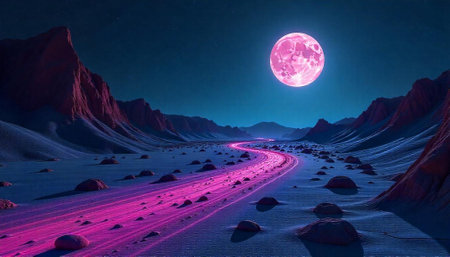 Pink moon landscape with mountains and winding pink path