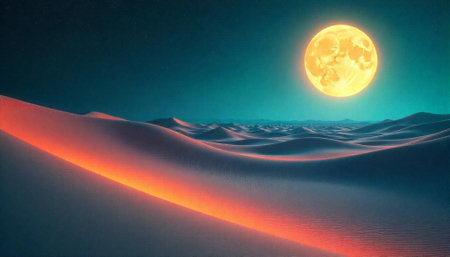 Full moon over desert dunes creating an ethereal landscapeの写真素材
