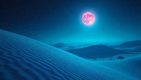 Dramatic desert landscape with full pink moon at night