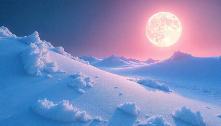 Full moon shining over a serene, snow covered landscapeの写真素材