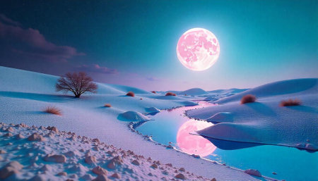 Full pink moon over frozen dunes with stream reflectionの写真素材