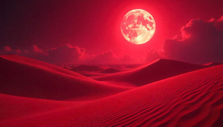 Surreal crimson desert landscape with a bright full moonの写真素材