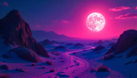 Surreal landscape with pink moon and snowy dunesの写真素材