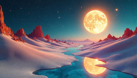 Fantasy Landscape with Moon River and Snowy Mountains