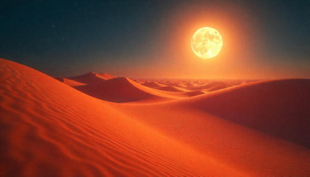 Desert landscape with orange sand dunes under bright moonの写真素材